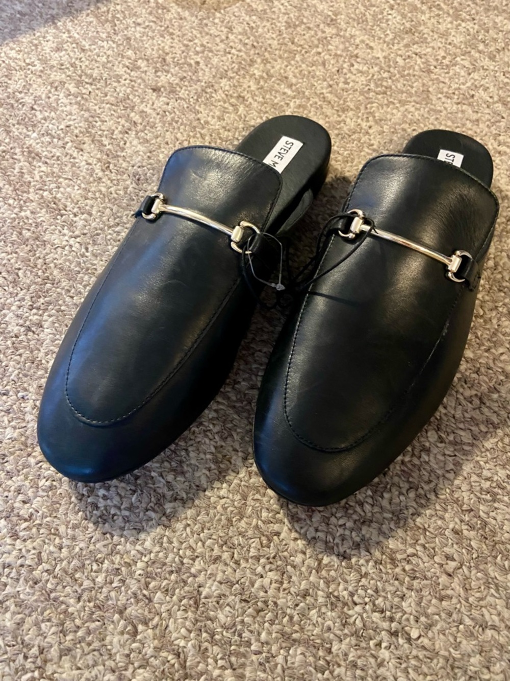 Steve Madden Black Leather Slip-On Loafers with Silver Bit